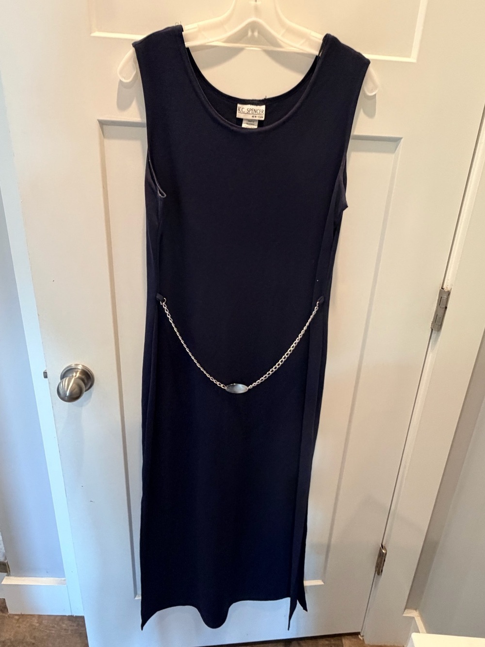 Vintage K.C. Spencer Navy Maxi Dress Size 12 Minimalist Chain Detail Sleeveless
